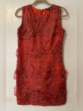 Samuel Dong Red Sleeveless Mini Dress with Floral Appliqué